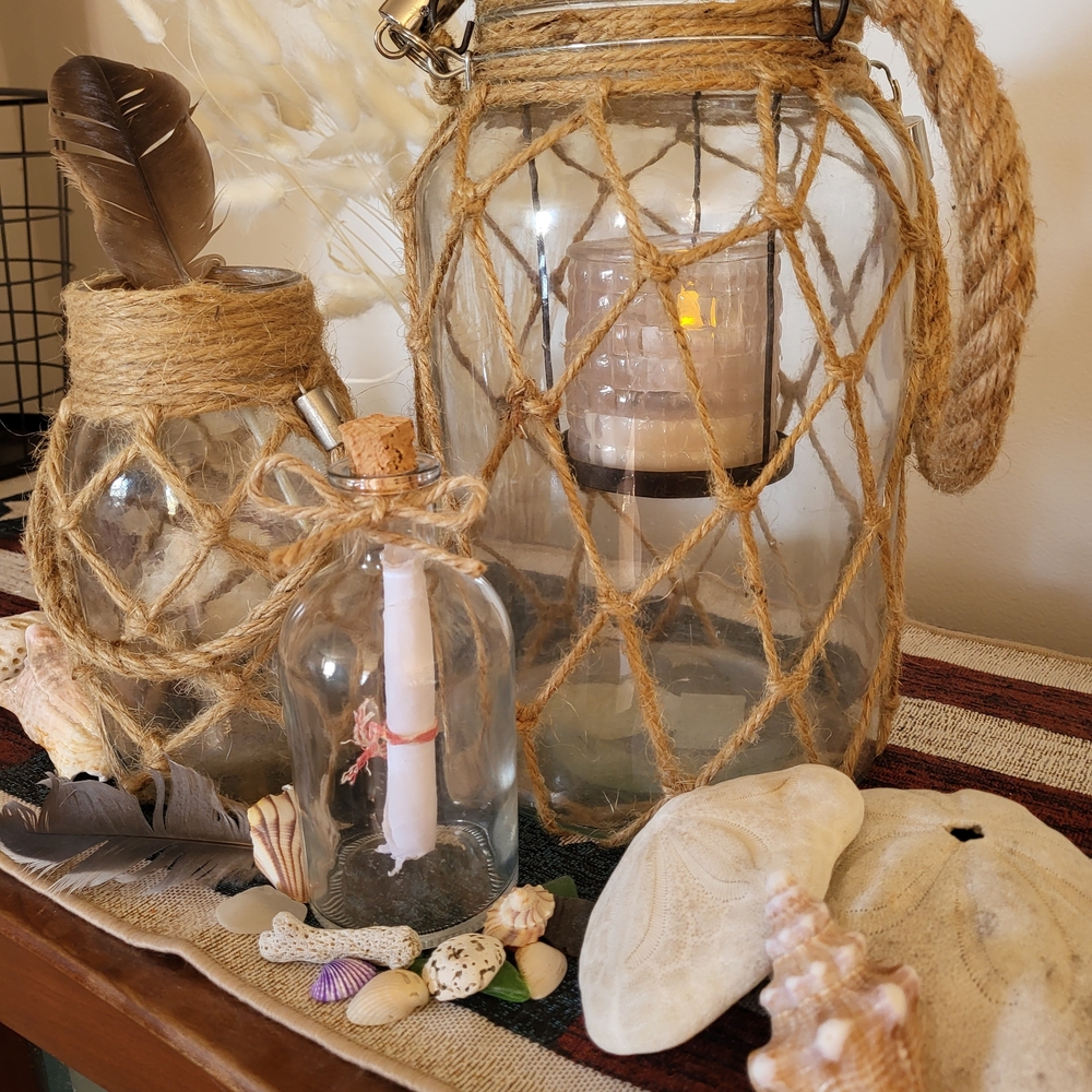 Rustic Glass Lantern Set with Rope Accents